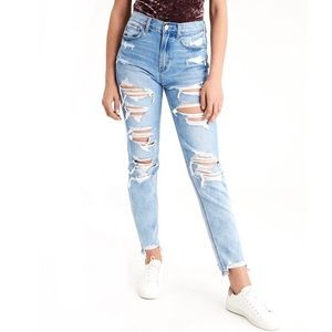 american eagle super distressed light wash ripped mom jeans